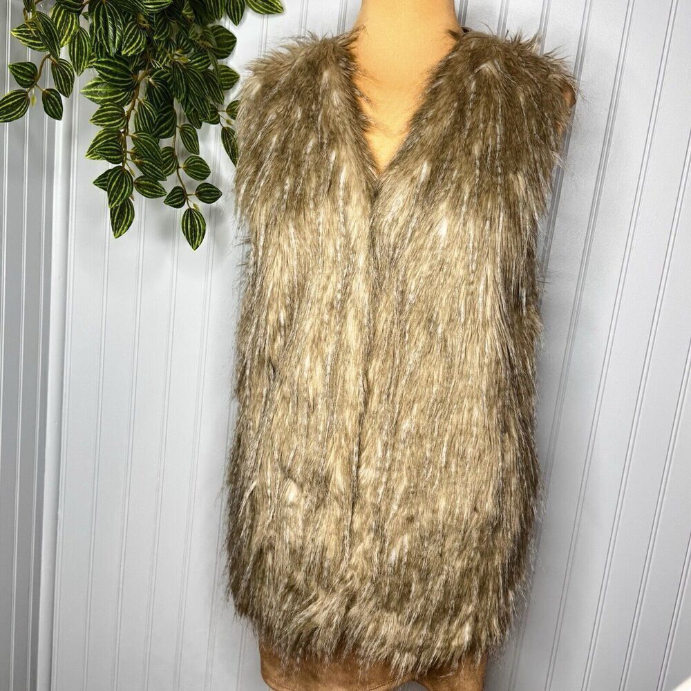 Daisy Jones Sz L Sebby Collection Faux Fur Vest Beige Tan Hippy Boho Festival